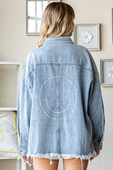 Trendy Button Down Smiley Face Raw Hem Denim Jacket - First Love